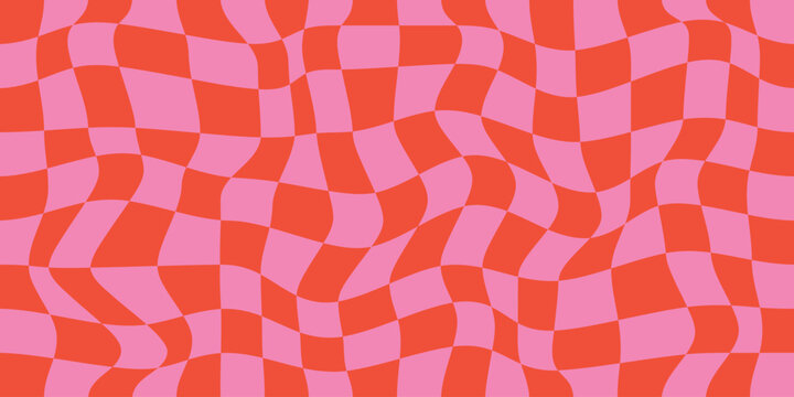 Twisted checkered colorful background. Retro wavy psychedelic checkerboard