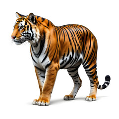 Obraz premium Tiger isolated on a white background, Side view, tiger standing full HD image generated by Ai. full body, realistic, full detail looking at the camera, 