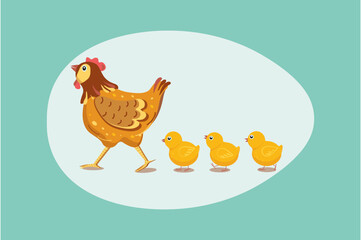 Cute Hen, chickens and egg. Banner, frame. Poultry, farm. Family, pets. Flat illustration, colored background, isolated.