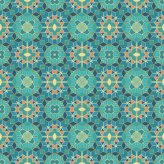 Patrón sin costuras diseño vitral colores. Efecto Caleidoscopio. Textura. Fondo. Estampa. Ilustración Original
