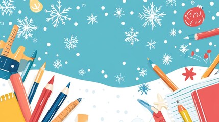 Winter Wonderland: Colorful School Supplies Framing a Snowy Landscape
