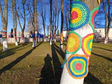 Old park with trees decorated with knitting