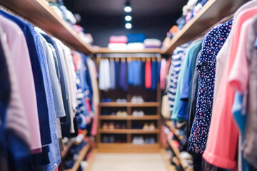 Obraz premium Organized walk-in closet with colorful garments and shelves of shoes
