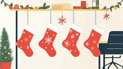 Modern Office Decor with Red Christmas Stockings and Holiday Touches