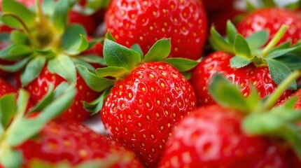 Close-Up of Fresh Ripe Strawberries with Green Leaves   in a Detailed Macro View  
