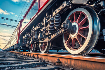 Fototapeta premium Vintage steam train on railway tracks with dramatic low angle perspective