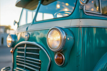 Vintage green bus with chrome details at sunset