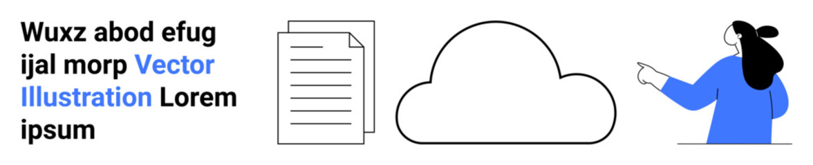 Cloud icon accompanied by a stack of documents and a person pointing. Ideal for digital storage, cloud computing, data management, online services, IT solutions, technology presentations, web