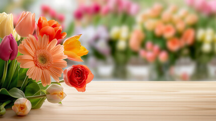 A bouquet of flowers lies on a light wooden table in a flower shop. Blurred floral background. The concept of advertising a product or congratulating on a holiday or celebration.
