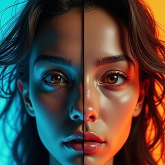 Split face portrait in blue and orange lighting