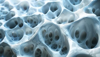 The image is a close up of a blue object with many small holes in it