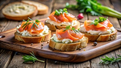 Smoked Salmon and Cream Cheese Crostini on Rustic Wooden Board