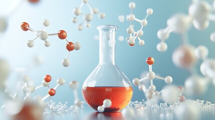 Flask Containing Orange Liquid Surrounded By Molecular Models