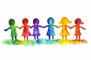 Obraz premium Colorful figures holding hands, unity, watercolor painting.