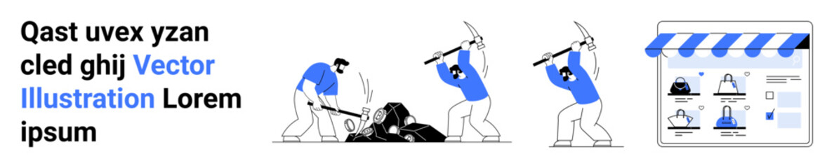 Workers breaking rocks with pickaxes, accompanied by a graphic of an online storefront. Ideal for labor, construction, e-commerce, digital marketplace, work ethic, industrial applications, teamwork