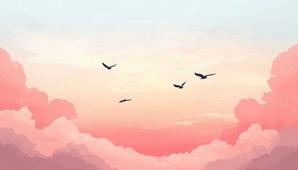 Fototapeta premium A serene sky at dawn with soft pastel clouds and birds flying, evoking a sense of peace and tranquility.