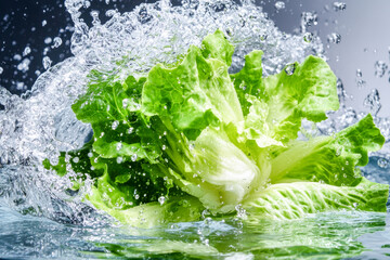 Fresh lettuce splashing in water