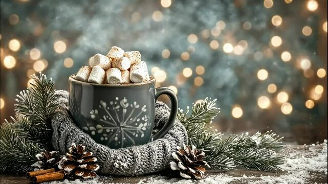 cup of cocoa and marshmallows in Christmas concept. Selective focus.