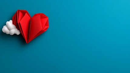 Red origami heart is on a blue background. The heart is folded in a way that it looks like it is floating in the air. The blue background gives the image a calm and peaceful mood