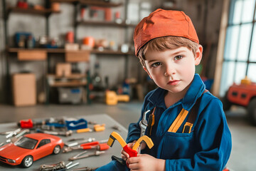 Caucasian young boy in mechanic outfit holding toy tools in workshop