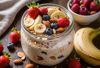 A bowl of overnight oats in a glass jar, adorned with fresh berries, banana slices, and almonds for a wholesome breakfast, ai.