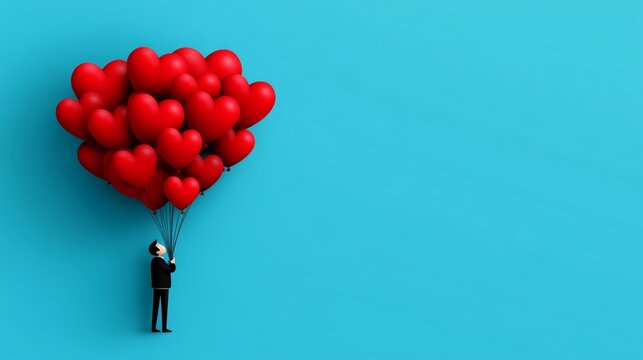 Man is holding a bunch of red balloons. The balloons are in the shape of hearts and are floating in the air. The scene is set against a blue background, which gives the impression of a festive