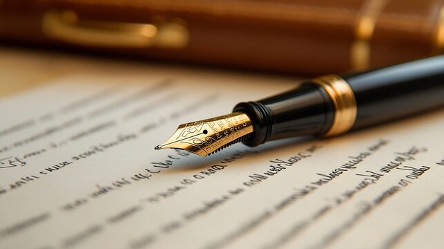 Elegant fountain pen resting on a handwritten document.