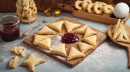 Festive Purim Hamantaschen Cookies with Jam and Party Decorations