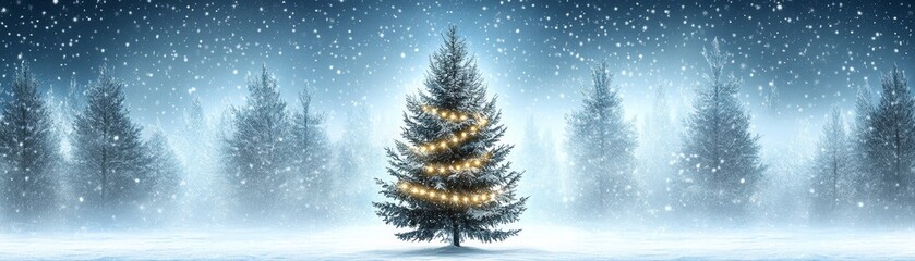 Winter Wonderland Snowy Forest, Illuminated Christmas Tree, Festive Lights, Digital Composition, Christmas, Winter, Holiday