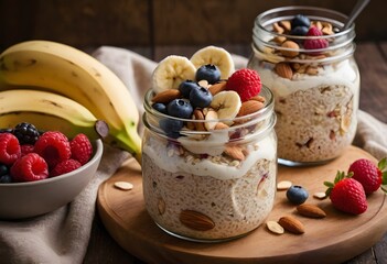 Overnight oats in a clear glass jar, garnished with berries, banana slices, and almonds, perfect for a nutritious breakfast, ai.