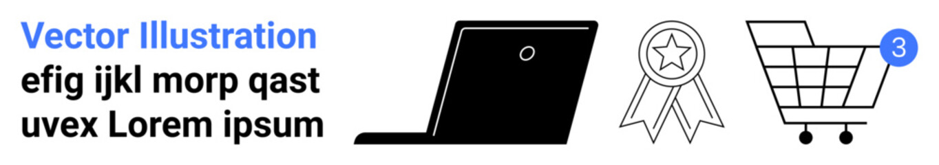 Laptop silhouette, blue award ribbon with a star, shopping cart with three notifications, and placeholder text. Ideal for digital marketing, e-commerce, tech websites, promotional materials, award