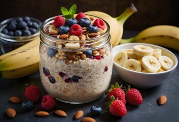 Overnight oats in a clear glass jar, garnished with berries, banana slices, and almonds, perfect for a nutritious breakfast, ai.