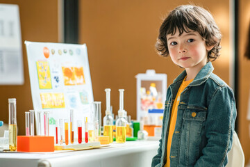 Curious caucasian child exploring science exhibits at educational fair