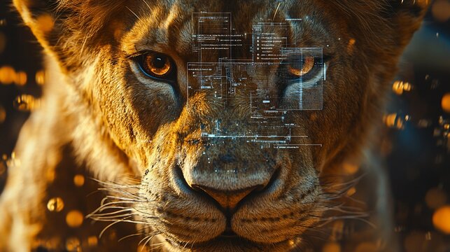 Lion's face with digital overlay.