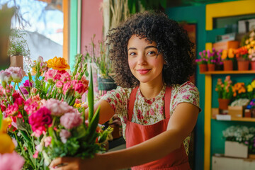 Young hispanic female florist arranging colorful flowers in a vibrant shop