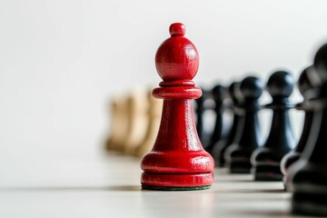 Red chess piece leads black and beige pawns.