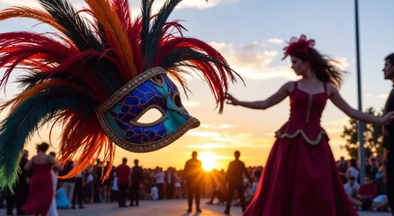 Ornate carnival mask with vibrant feathers and sunset dancers in the background. Concept for mystery, celebration, and the spirit of Mardi Gras