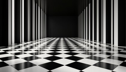 A black and white checkered floor leads into a dark corridor, framed by tall vertical lines, creating a striking, geometric perspective.