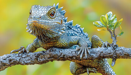 Fototapeta premium Close-up of a vibrant blue and green lizard perched on a tree branch against a blurred yellow-green background.