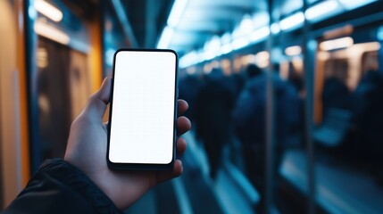 Hand holding a smartphone with blank screen inside a subway train. Urban commuting technology