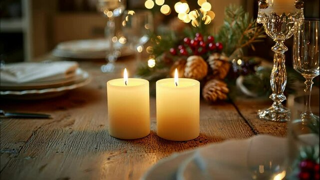 Candles, pine cones and Christmas tree branches on the table. Selective focus