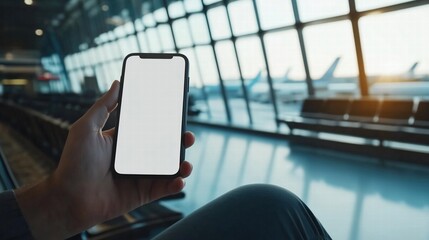 Hand holding a smartphone with blank screen in an airport terminal at sunrise. Travel connectivity