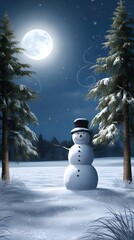 Obraz premium snowman with christmas tree standing in dark night full of stars illustration