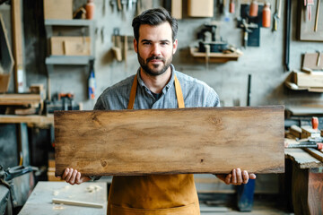 Young caucasian male carpenter holding wooden plank in workshop