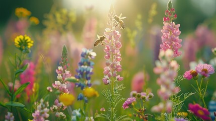 Obraz premium Bees pollinating vibrant wildflowers in a sunny meadow.