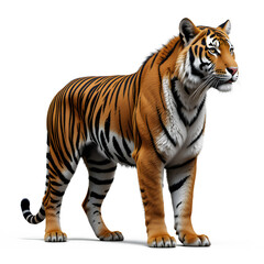 Obraz premium Tiger isolated on a white background, Side view, tiger standing full HD image generated by Ai. full body, realistic, full detail looking at the camera, 