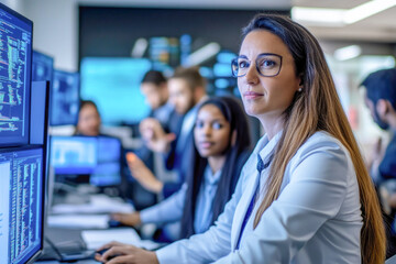 Obraz premium Caucasian and hispanic female professionals analyzing data on monitors in a modern office