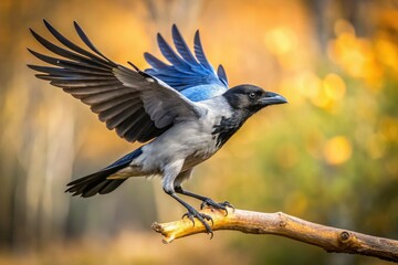 Obraz premium A majestic grey crow, wings outstretched, sharply focused in flight against a blurred background.