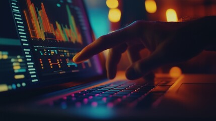 Hand interacting with financial graphs on a laptop screen in a dimly lit room. data analytics