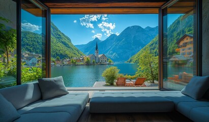 Fototapeta premium AI-generated images of Sofa, white marble background, European-style sofa with gold and silver embellishments,cozy, in a room with luxurious mirror room Overlooking the views of Hallstatt, Austria 